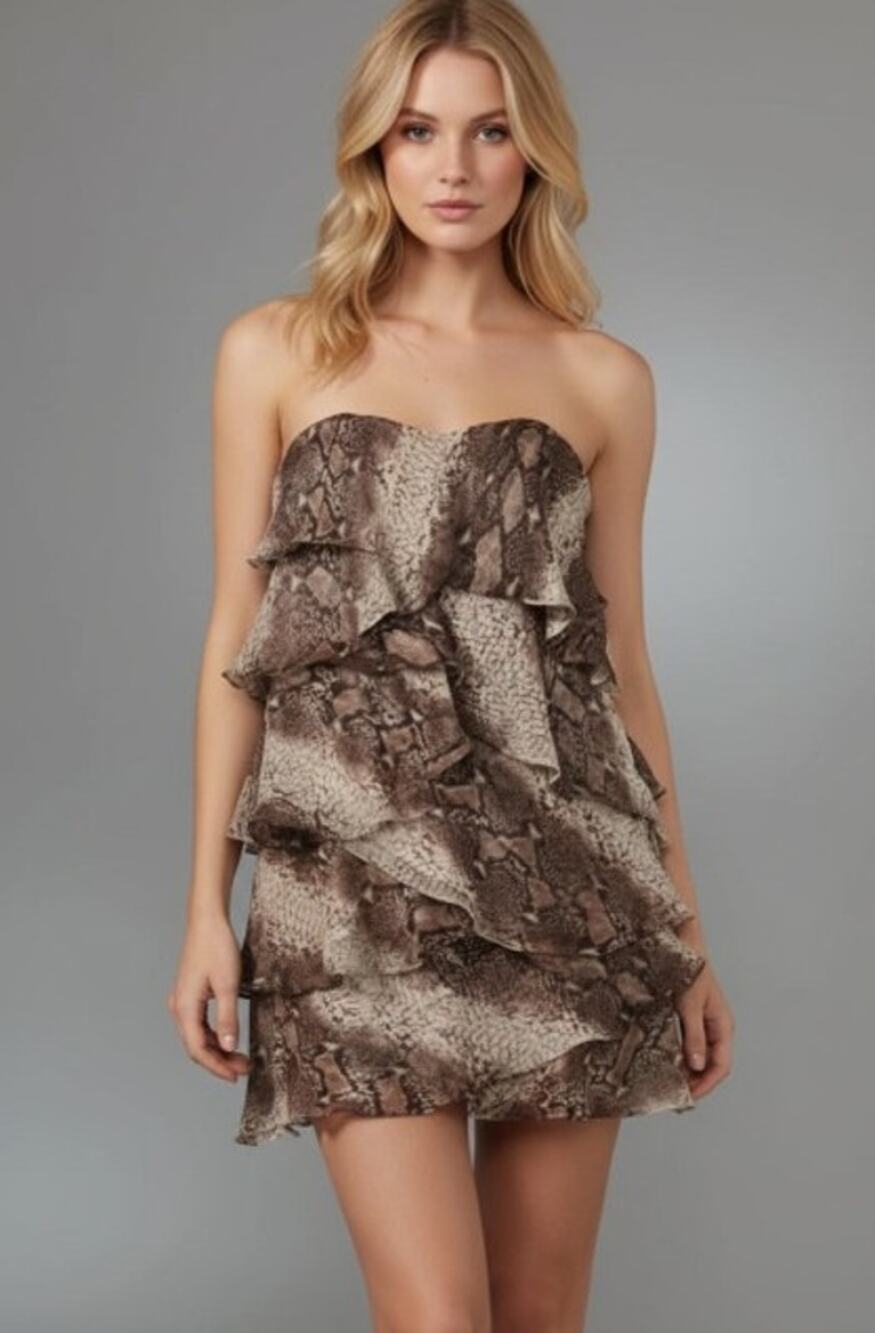 Haute Hippie Snake Print Silk Strapless Tiered Mini Dress Small